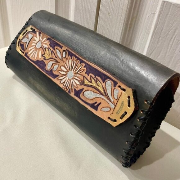 BOHEMIAN CLUTCH HANDMADE LEATHER  AZTEC MASK CARVED AND HANDLE SUNFLOWER BAG - Picture 12 of 12